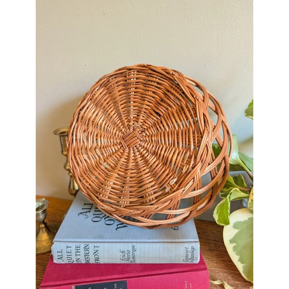 Vintage Round Wicker Basket Open Weave Lattice Decorative Bowl Boho Farmhouse
